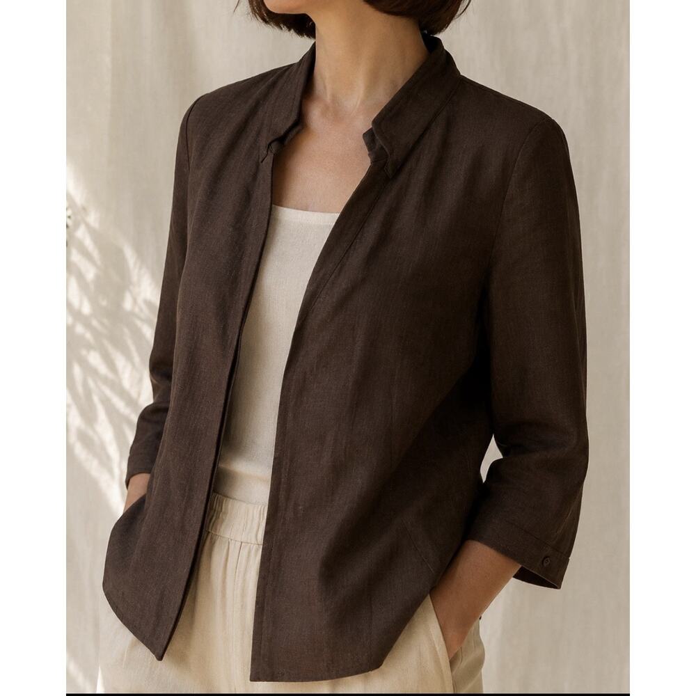 Lafayette 148 New York 100% Linen Brown Hidden Btns Jacket Sz 12 Relaxed A-Line - Picture 2 of 10